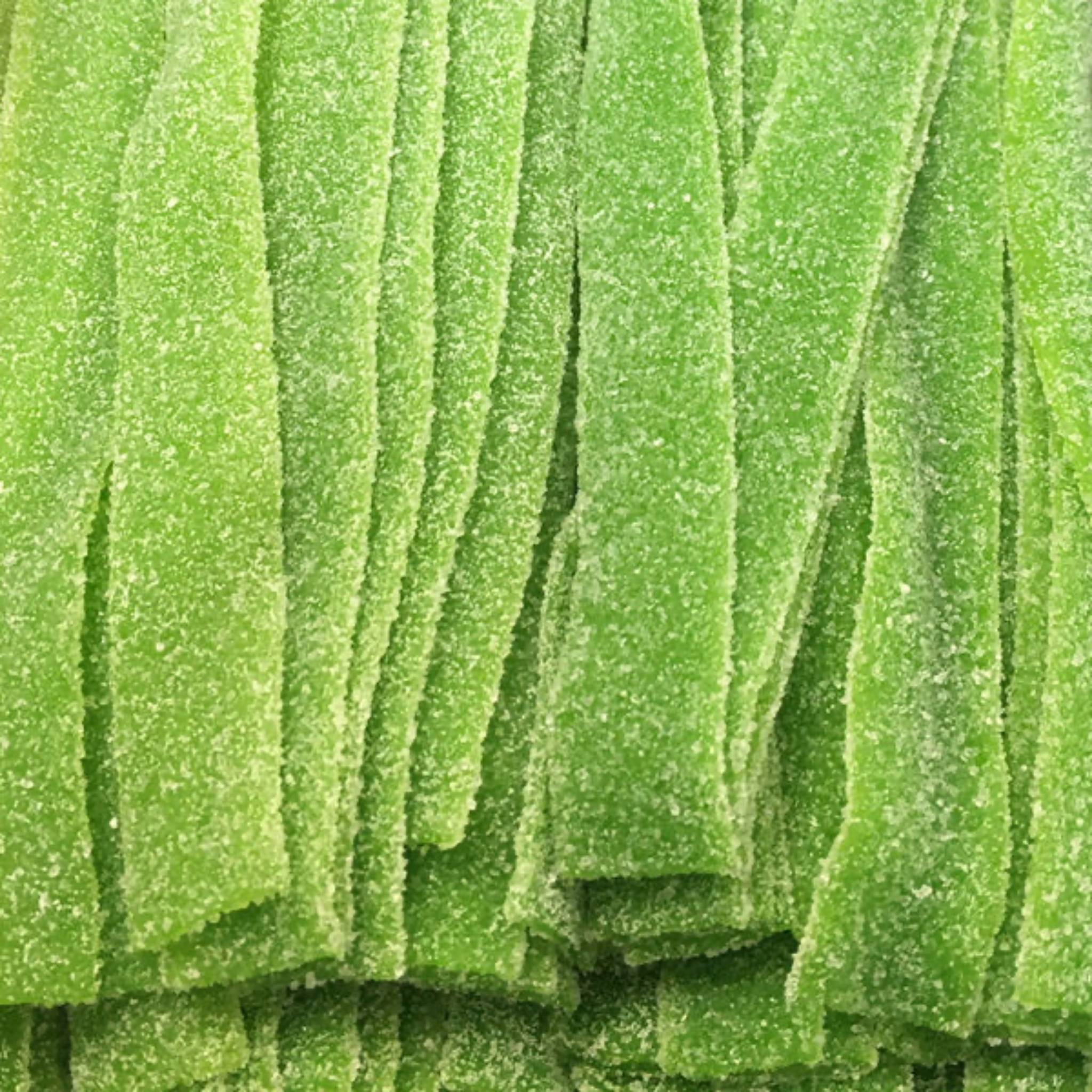 Close-up of green candy strips with a textured surface