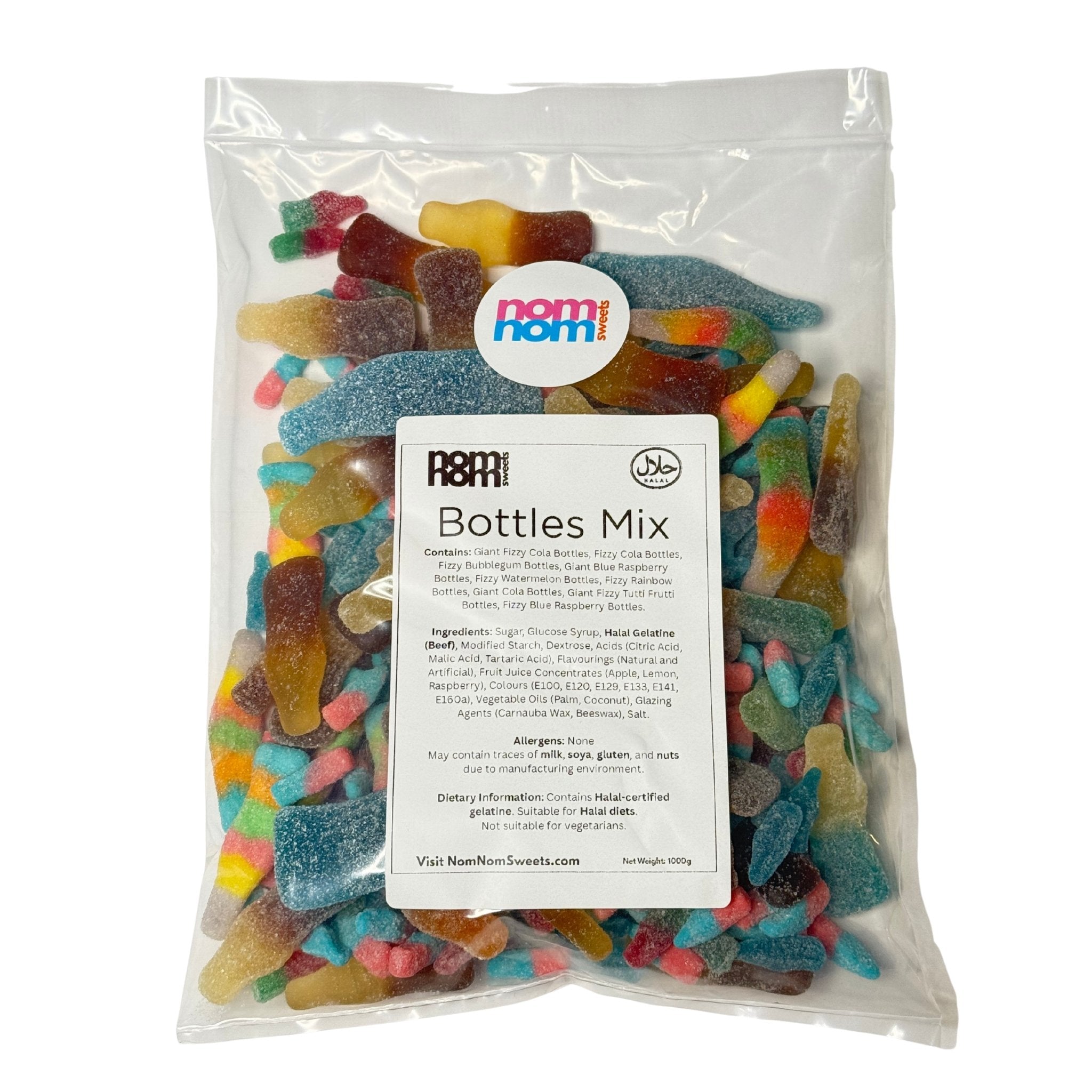 Packaged mix of colorful gummy bottles with 'nom nom!' branding on a white background
