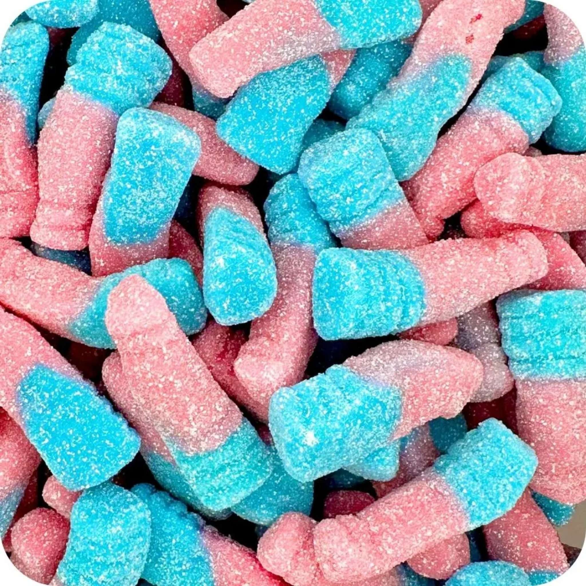 Close-up of pink and blue gummy bottles.