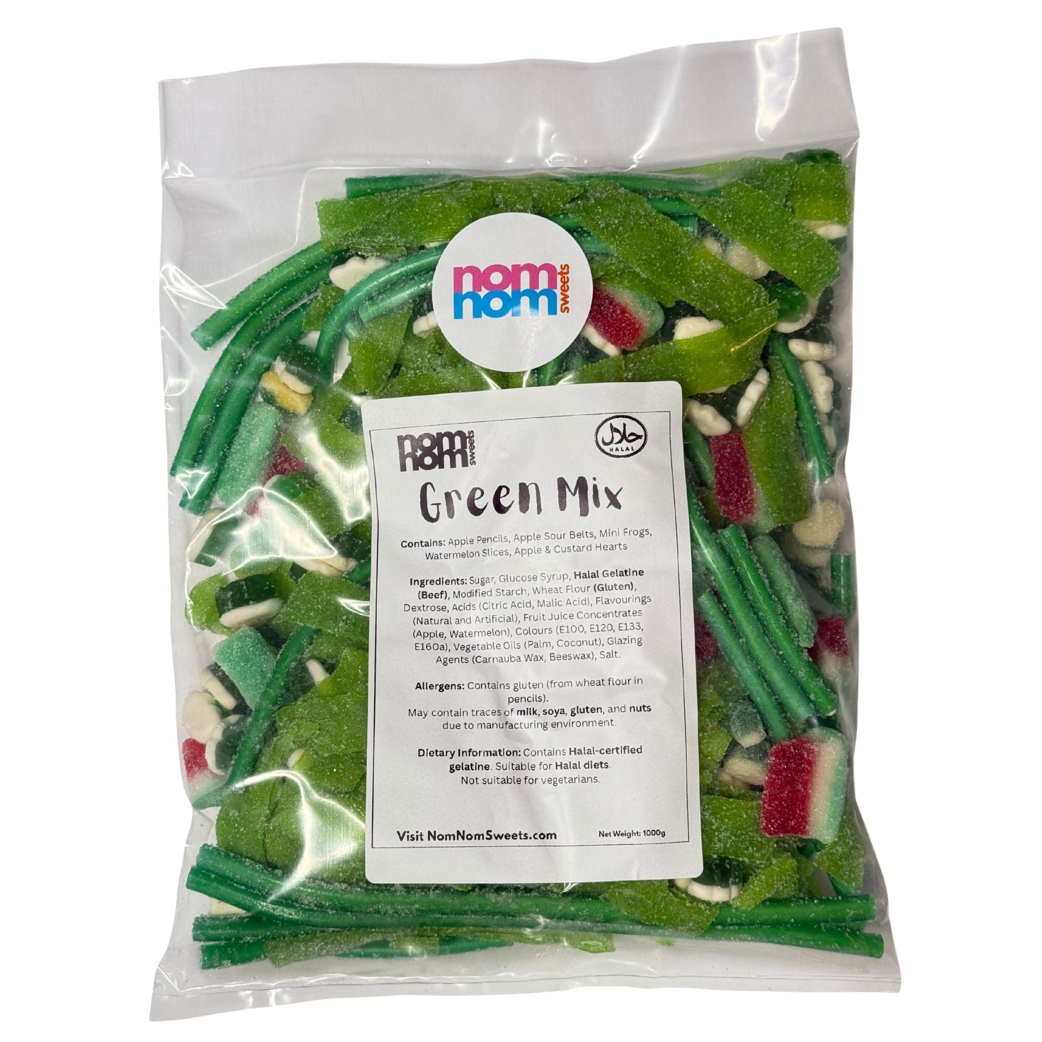 Packaged green candy mix with a 'nom nom' label on a white background