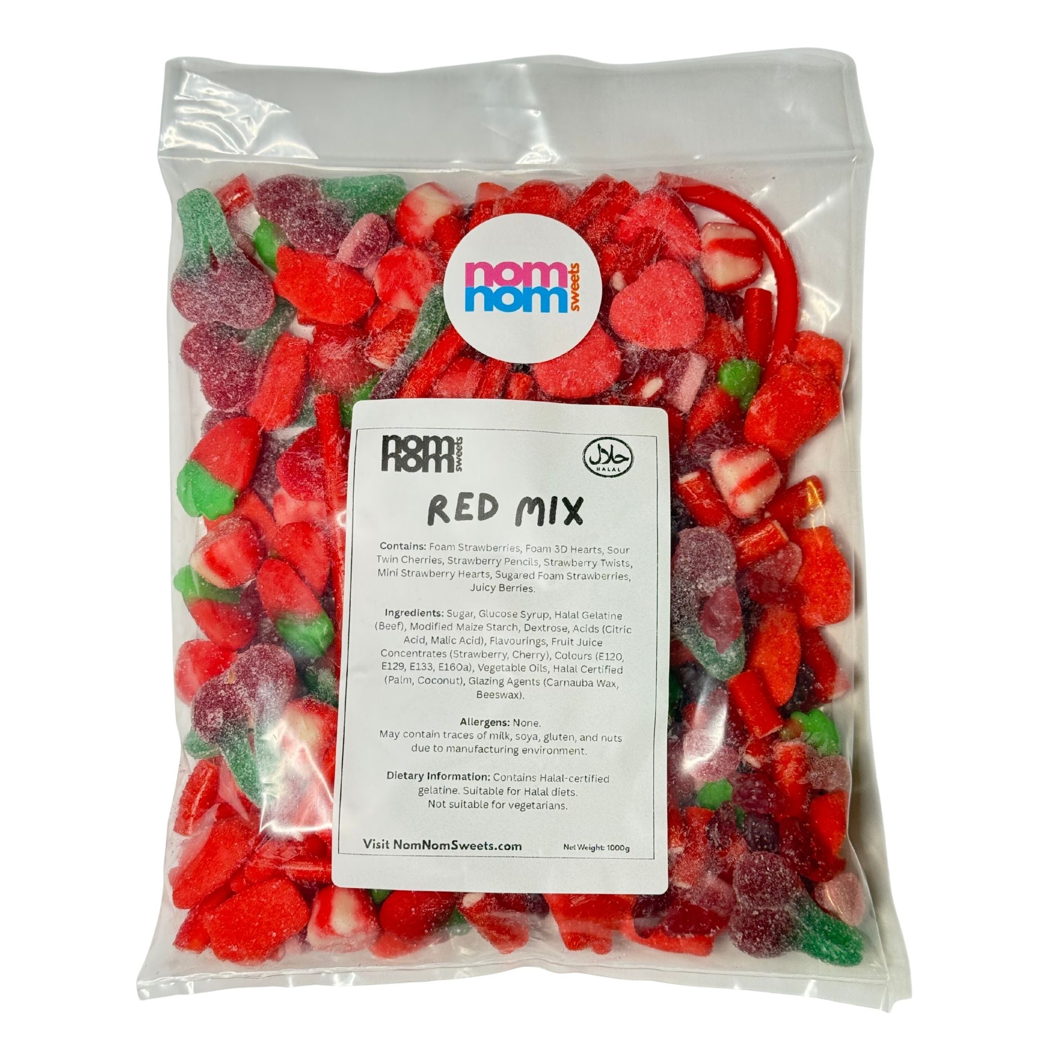 Packaged red gummy candy mix with 'nom nom' branding on a white background