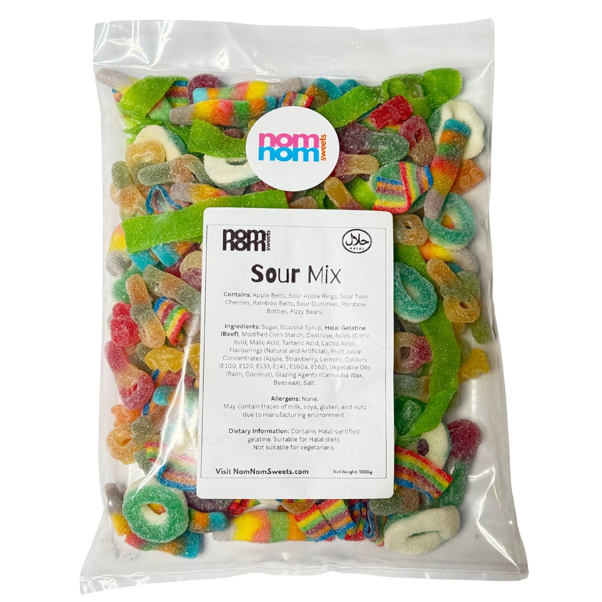 Packaged sour mix gummy candies with a visible brand label on a white background